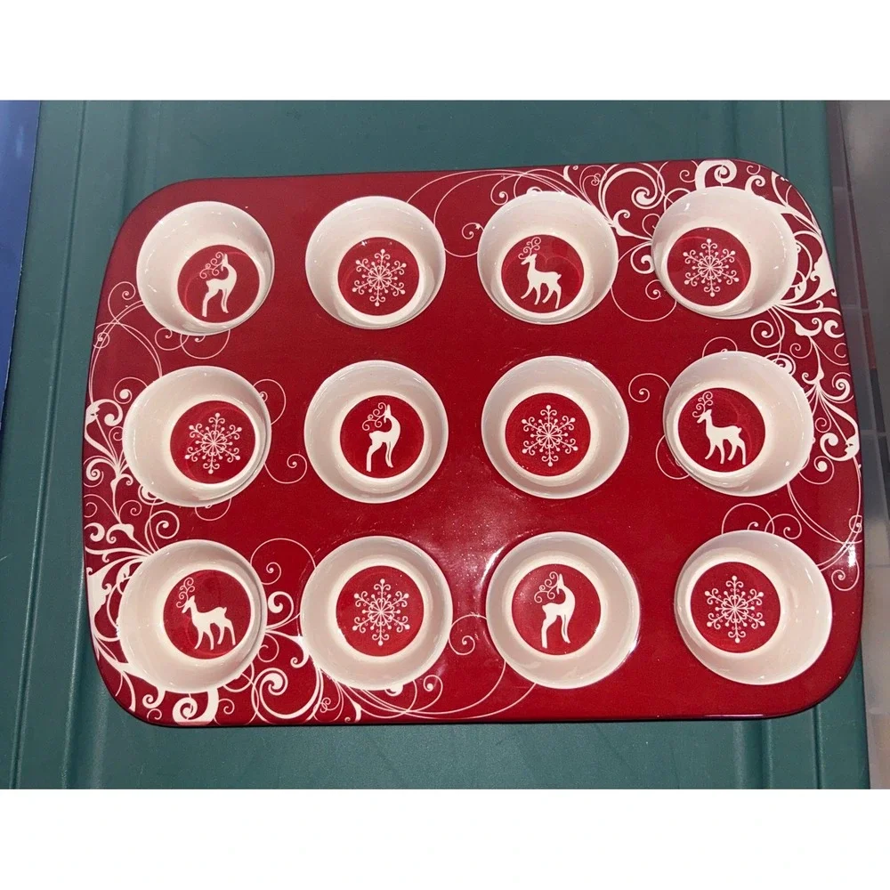 Christmas Red Ceramic 12 Cup Muffin Pan Reindeer Snowflake Holiday Baking Tin